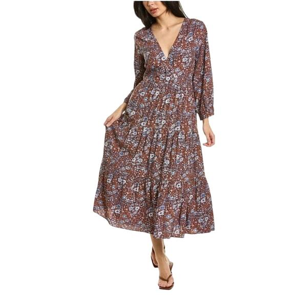 MADEWELL Dress XS Maxi Floral Balloon Long Sleeve Tiered V Neck Challis Woodland